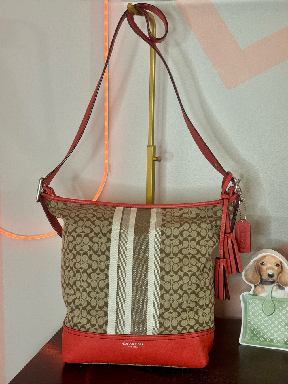 Coach Legacy Signature Stripe Duffle with Coral Trim and Tassels - Picture 3 of 12